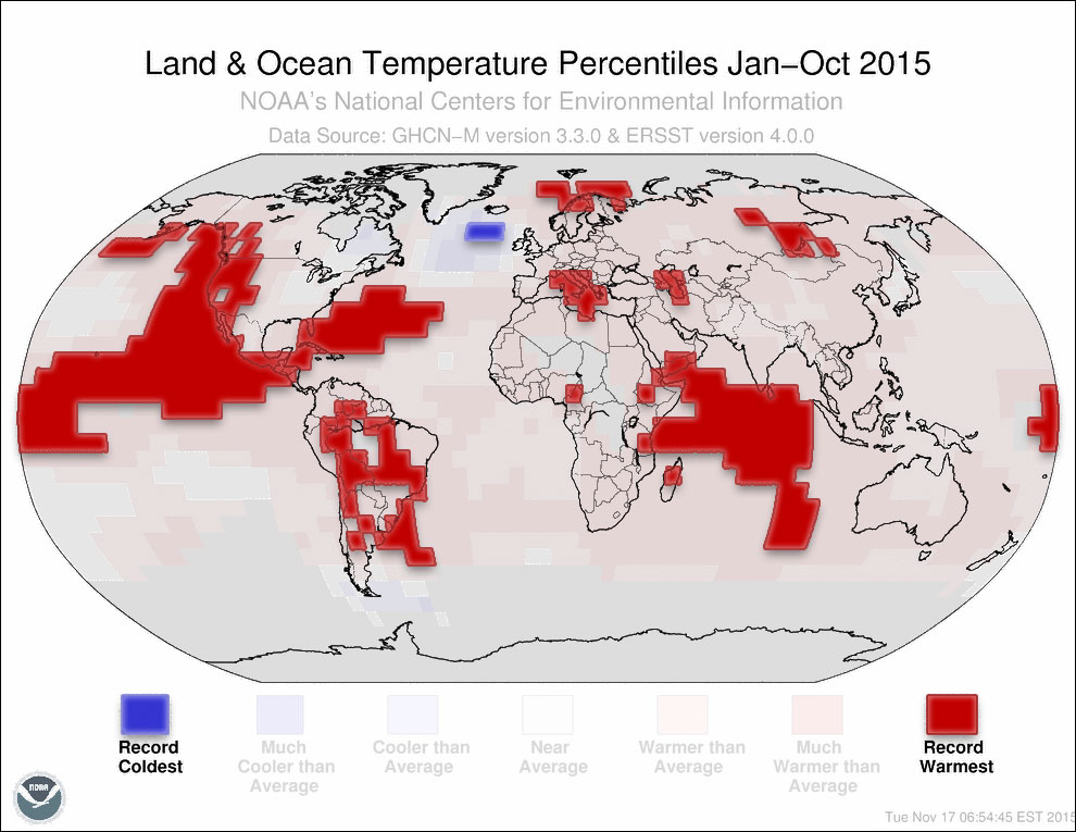  Land & Ocean Temperature Percentiles Jan-Oct 2015