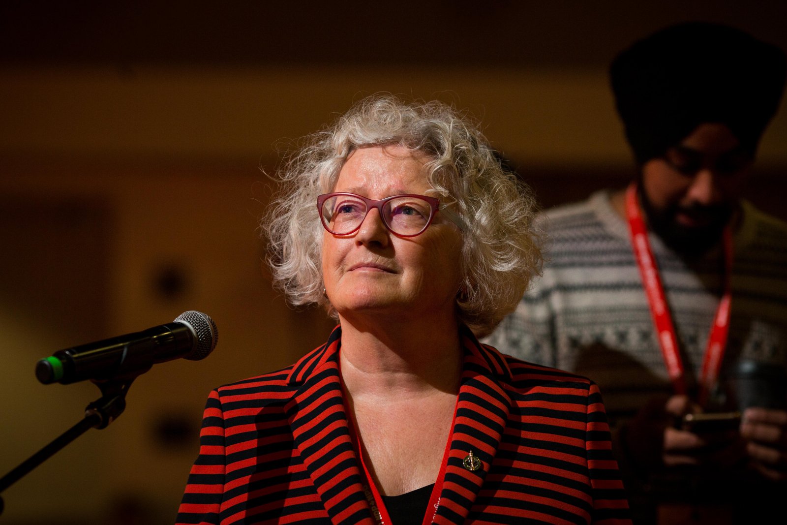 Edmonton-Strathcona NDP MP Linda Duncan spoke to a party resolution to strengthen environmental laws at the NDP convention in Ottawa on Feb. 16, 2018. Photo by Alex Tétreault