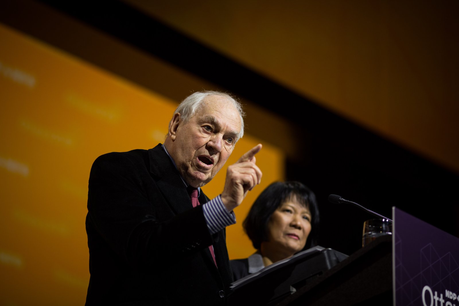 Former NDP leader Ed Broadbent and former NDP MP Olivia Chow address delegates at the Shaw Conference Centre on Feb. 17, 2018. Photo by Alex Tétreault 
