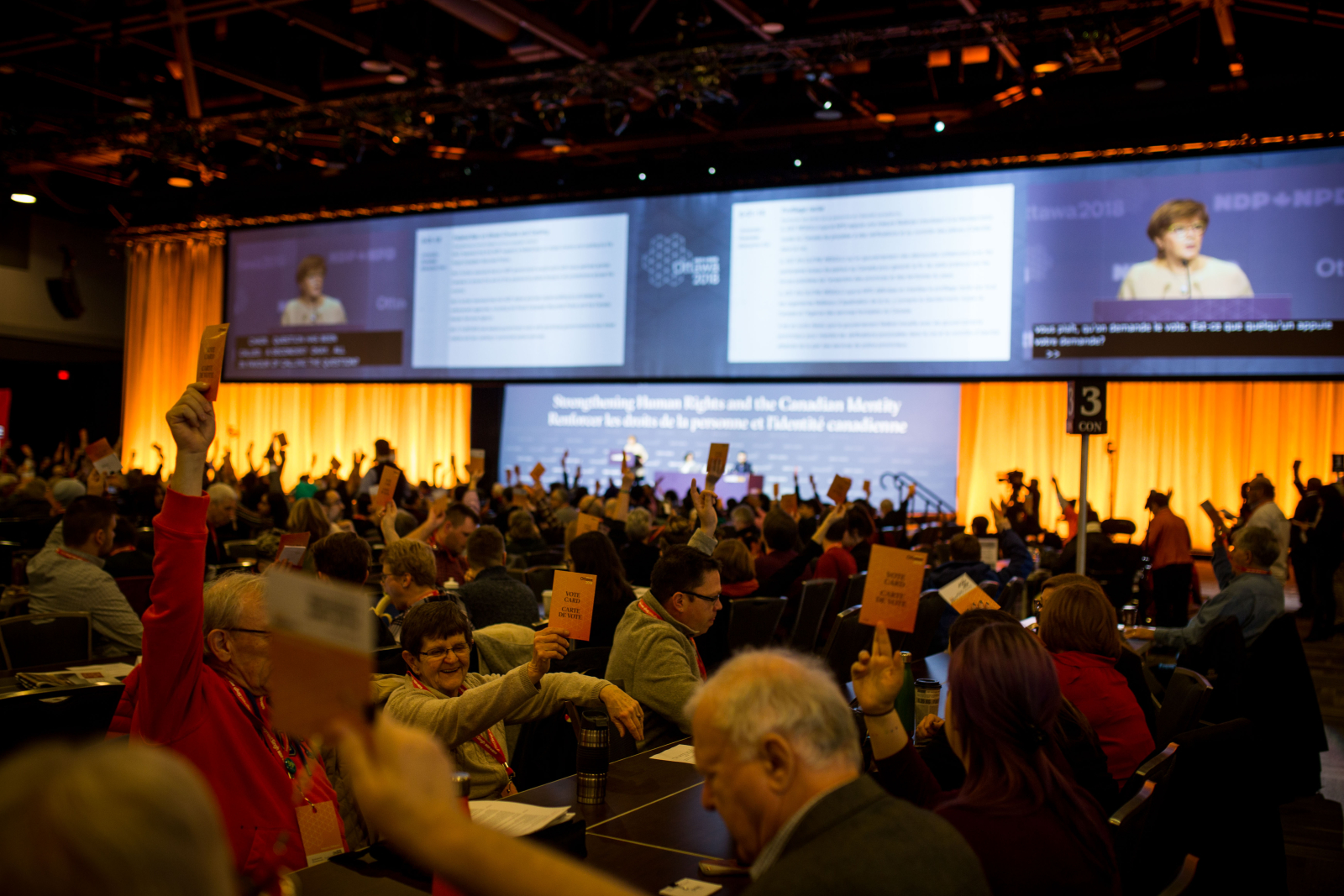 NDP delegates vote during their national convention in Ottawa on Feb. 17, 2018. Photo by Alex Tétreault 