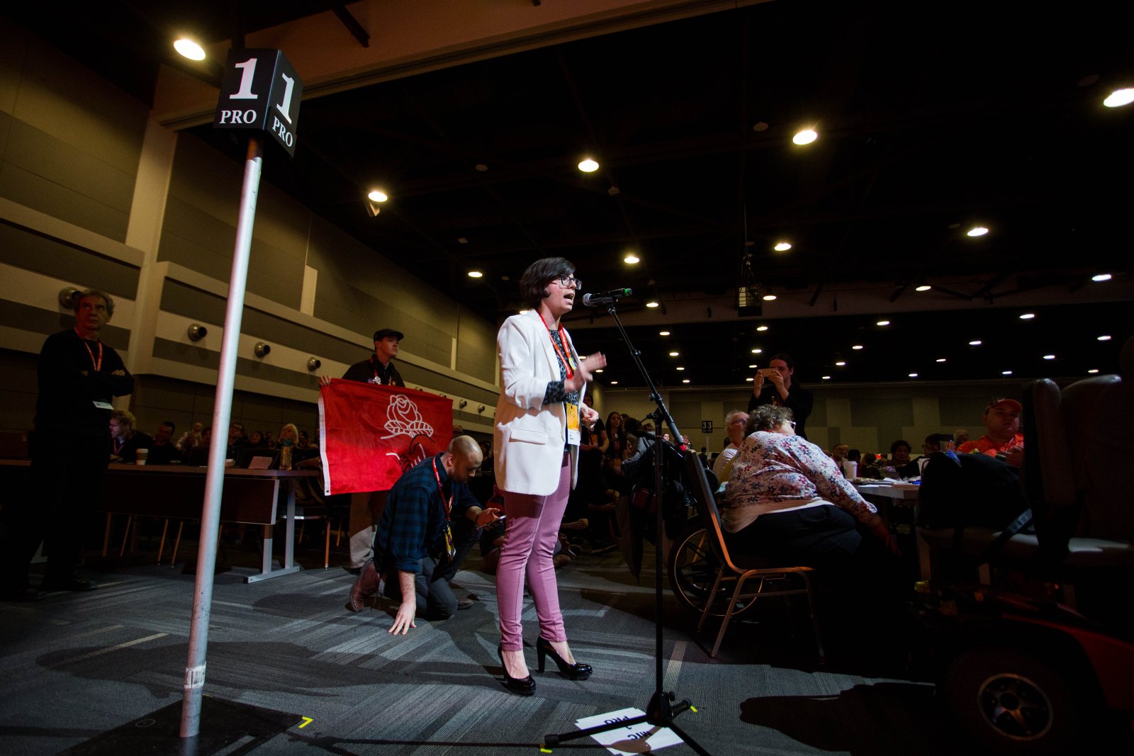 Niki Ashton speaks in support of a motion on Sunday, February 18th 2018, day three of the New Democratic Party 2018 policy convention held at the Shaw Convention Centre in Ottawa. Photo by Alex Tétreault