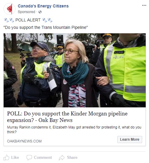 On Friday, April 6, 2018, Canada's Energy Citizens sponsored a Facebook post urging people to vote in favour of the Kinder Morgan Trans Mountain pipeline expansion. Screenshot image