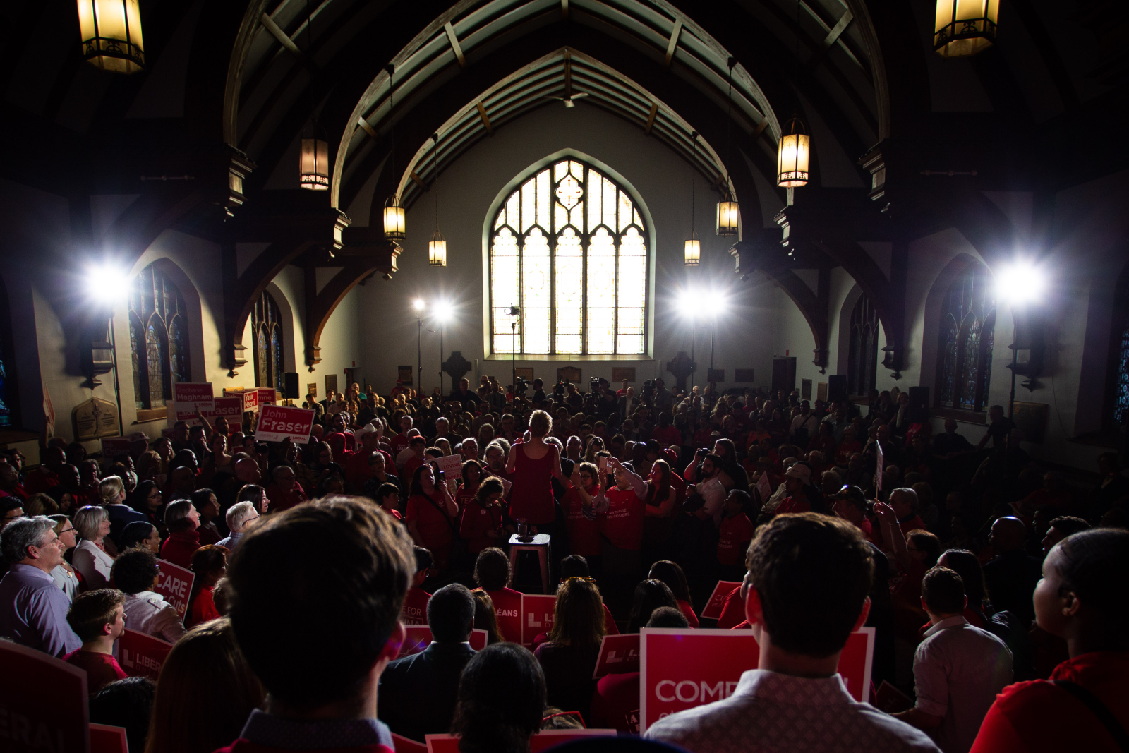 Ontario Liberal Leader and incumbent Premier Kathleen Wynne addresses supporters at All Saints, a former church, in Ottawa on May 9, 2018. Photo by Alex Tétreault