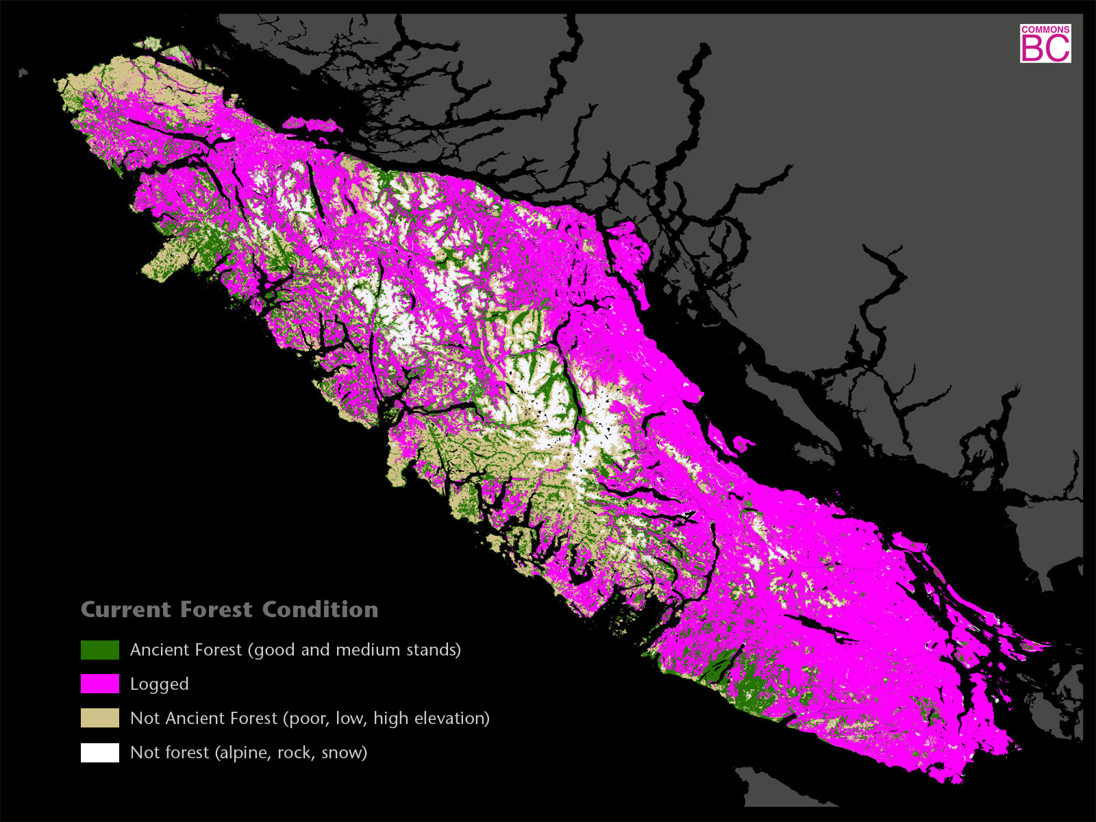 Logged areas of Vancouver Island - Map supplied by Commons BC 