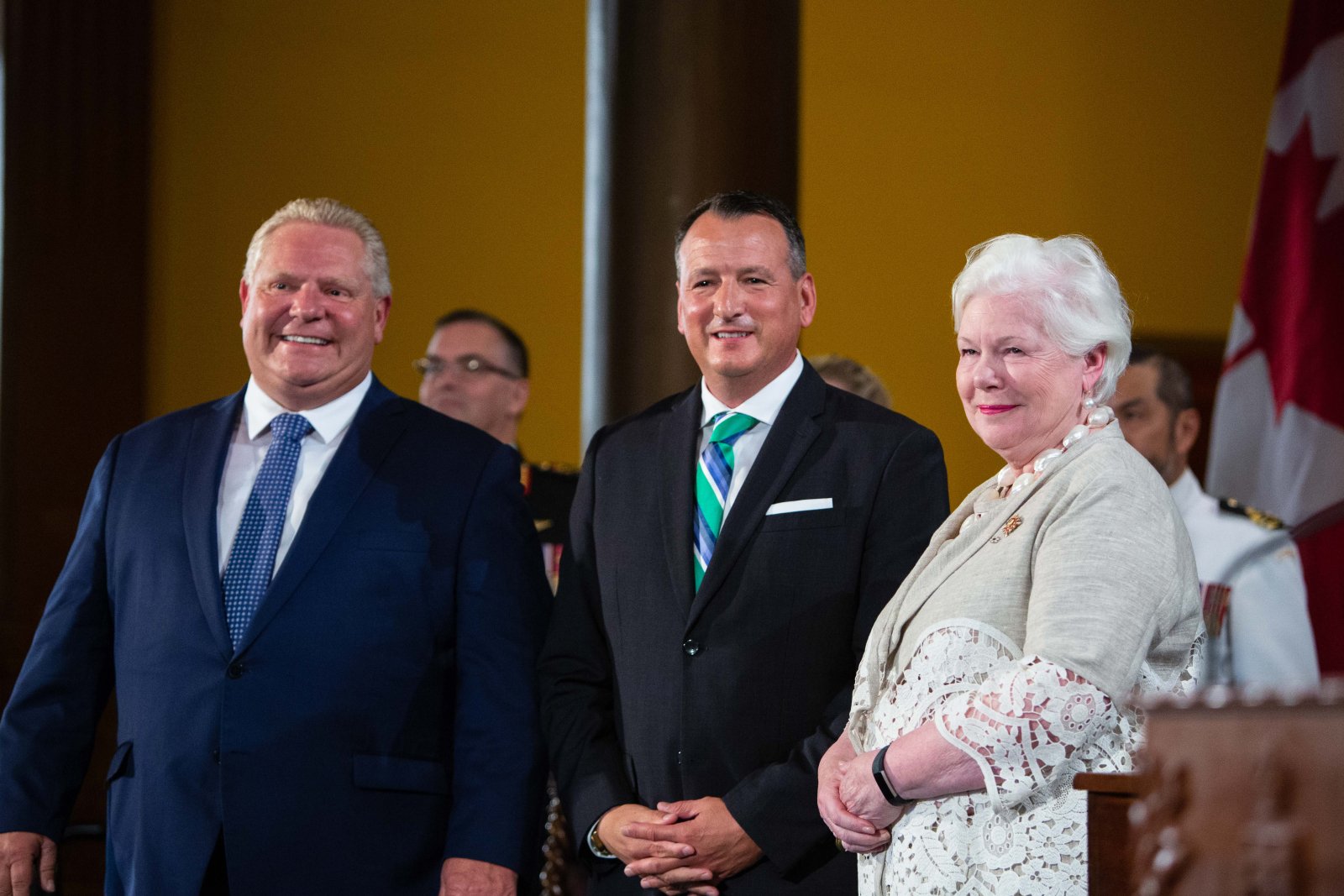 Ontario Premier Doug Ford, Indigenous Affairs Minister Greg Rickford, and Ontario Lieutenant Governor Elizabeth Dowdeswell take part in a cabinet swearing-in ceremony at Queen's Park in Toronto on June 29, 2018. Photo by Alex Tétreault
