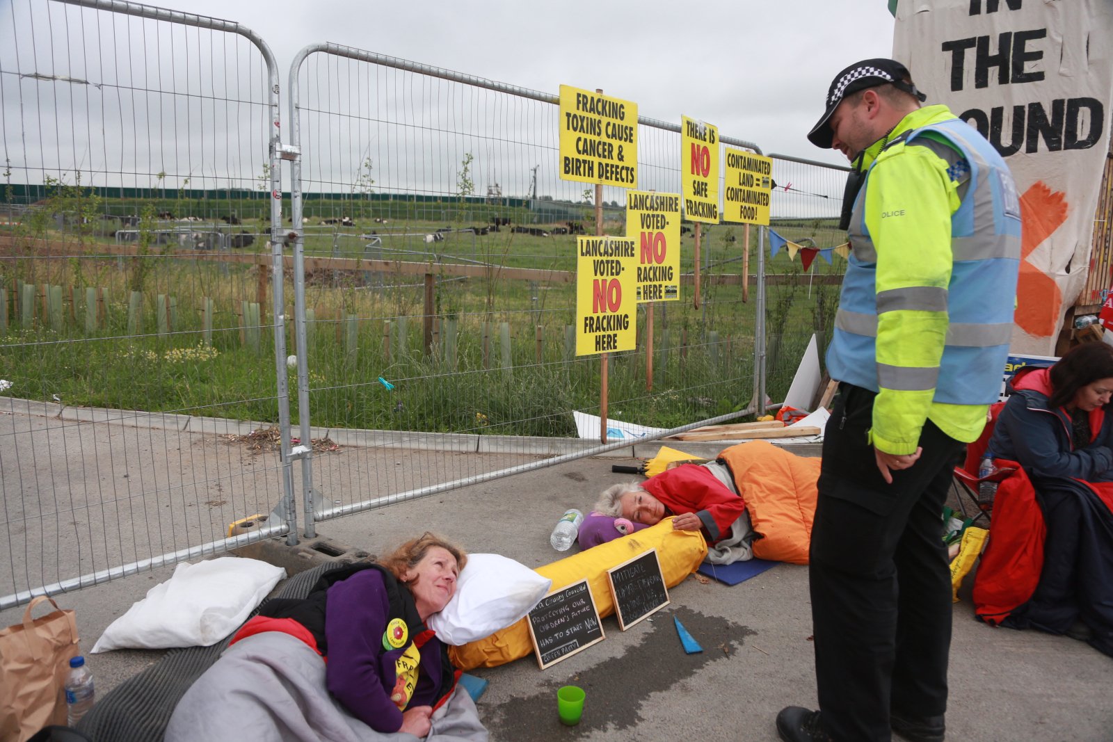 English local councillor Gina Dowding protests a fracking test drill site at Preston Road in Lancashire on July 3 2017