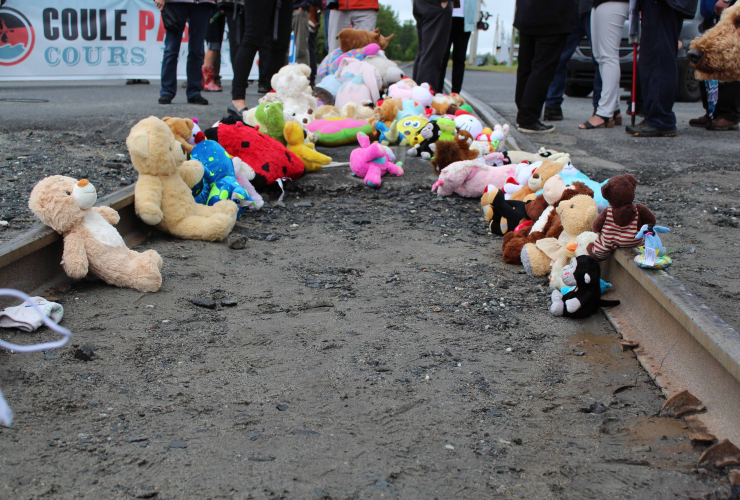 Lac-Mégantic, stuffed animals, railway tracks, oil, explosion, aftermath