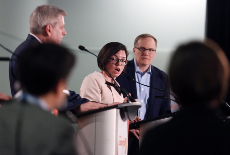 NDP leadership candidates, Charlie Angus, Niki Ashton and Peter Julian participate in a debate in Montreal, Sunday, March 26, 2017.