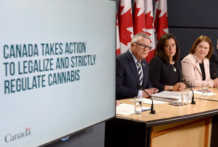 Minister of Public Safety and Emergency Preparedness Ralph Goodale, left to right, Justice Minister and Attorney General of Canada Jody Wilson-Raybould, and Health Minister Jane Philpott announce changes regarding the legalization of marijuana.