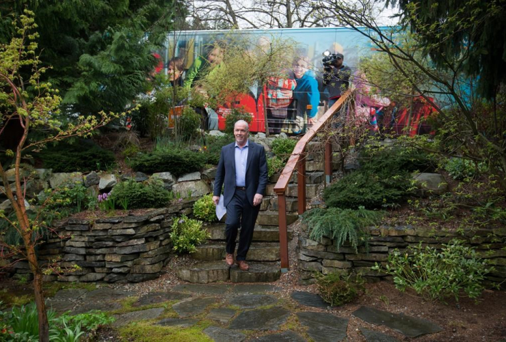 NDP Leader John Horgan arrives at a house for a campaign stop in Burnaby, B.C., on Monday, April 17, 2017.