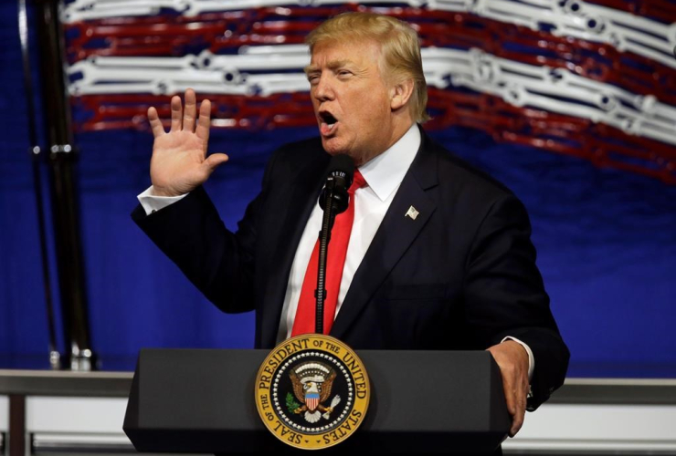 President Donald Trump speaks at Snap-On Tools, Tuesday, April 18, 2017, in Kenosha, Wis.