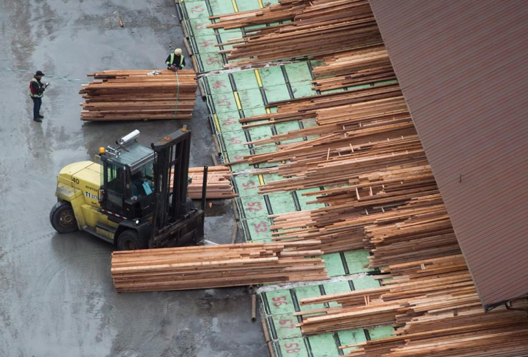 Workers sort and move lumber at the Delta Cedar Sawmill in Delta, B.C., on Friday, January 6, 2017.