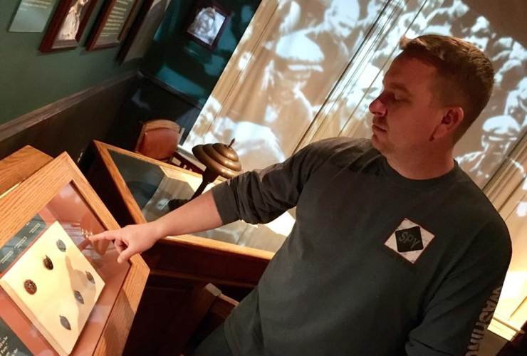 Espionage historian Vince Houghton, the curator of the International Spy Museum, seen here on March 31, 2017, in Washington, D.C., pointing out an exhibit on the history of Russian espionage.