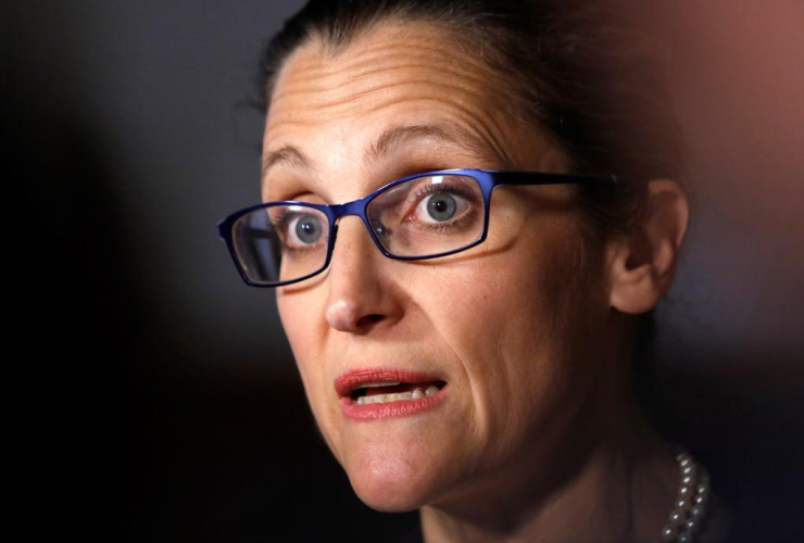 Minister of Foreign Affairs Chrystia Freeland talks to reporters about NAFTA outside the House of Commons on Parliament Hill, in Ottawa, Thursday, May 18, 2017.