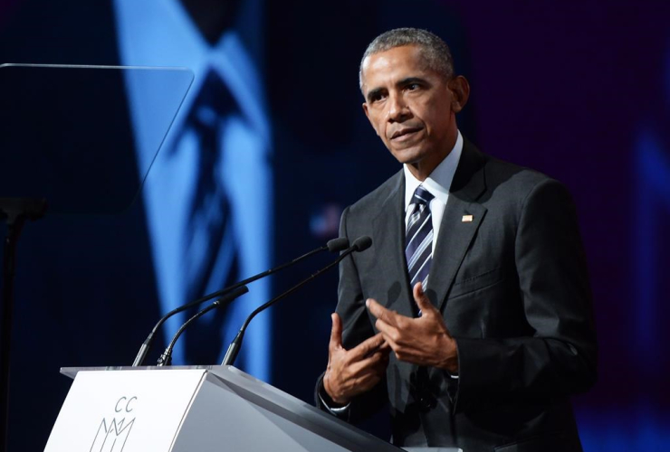 Former U.S. President Barack Obama speaks at the convention centre in Montreal on Tuesday, June 6, 2017. 