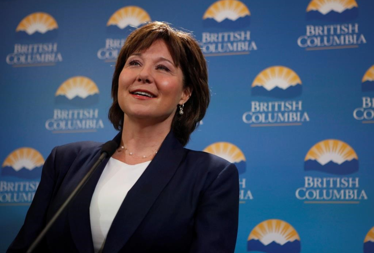 B.C. Premier Christy Clark talks with media after being sworn in as premier following a ceremony at Legislature in Victoria, B.C., on Thursday, June 8, 2017. 