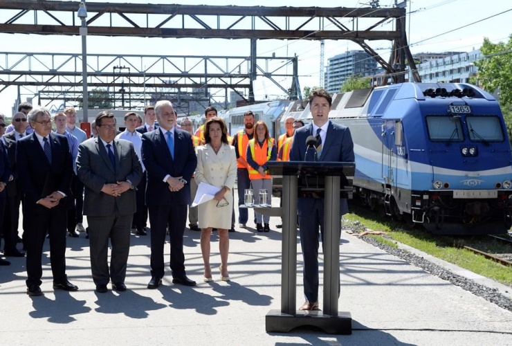 Prime Minister Justin Trudeau announces a $1.28-billion commitment toward a major Montreal rail project that will connect the city to its suburbs and to its international airport on Thursday, June 15, 2017.