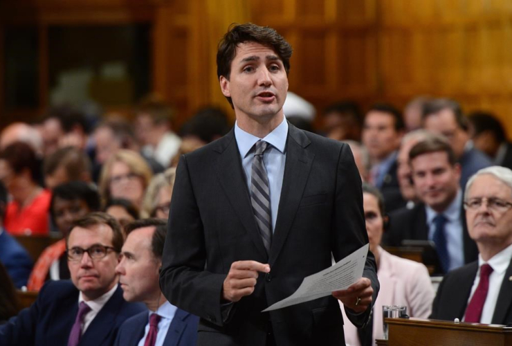 Prime Minister Justin Trudeau stands during question period in the House of Commons on Parliament Hill in Ottawa on Wednesday, June 14, 2017.