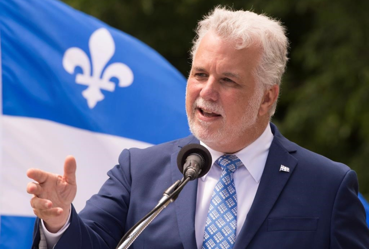 Quebec Premier Philippe Couillard speaks at a ceremony marking the Fete Nationale, on Thursday, June 22, 2017 in Quebec City. 