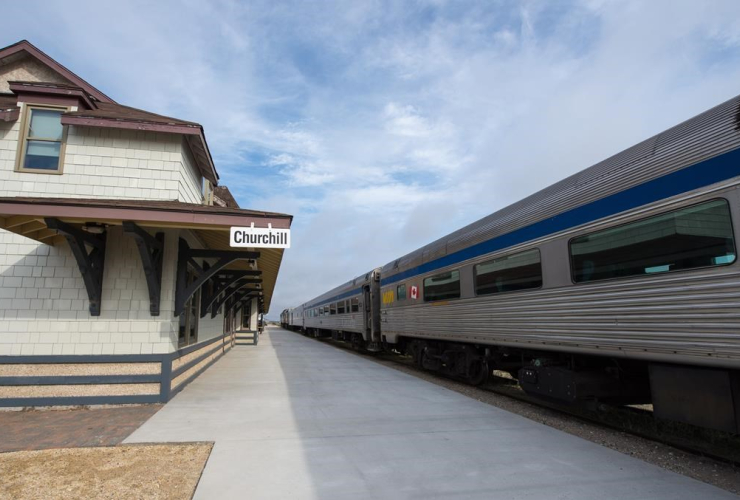 A VIA Rail train sits idle at the train station in Churchill, Man., on Thursday, June 22, 2017.