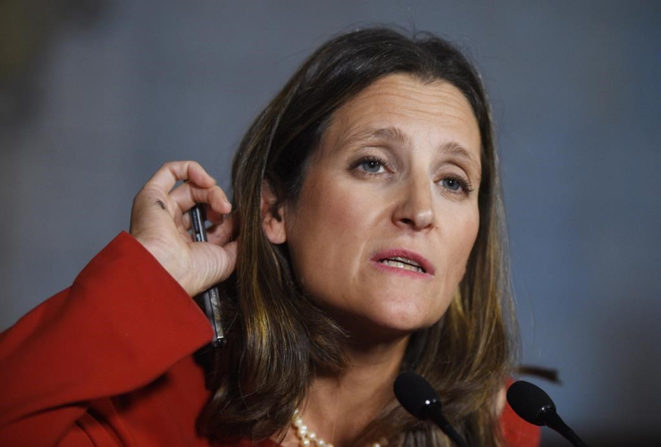 Foreign Affairs Minister Chrystia Freeland, reporters, press conference, Parliament Hill, Ottawa