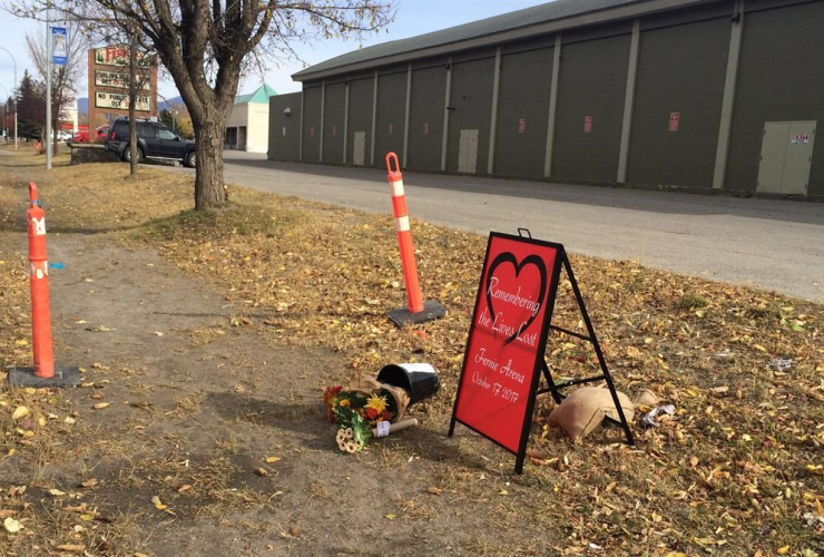 memorial sign, flowers, Fernie Memorial Arena, 