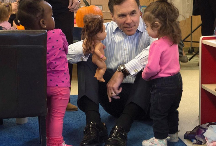 Minister of Finance Bill Morneau, plays, daycare centre,