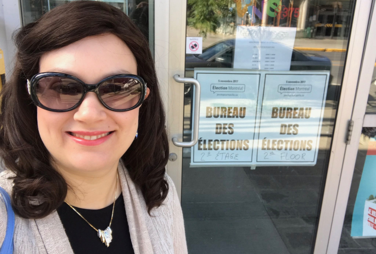 Outremont borough councillor Mindy Pollak poses for a selfie upon depositing her official declaration of candidacy for the 2017 Montreal elections.