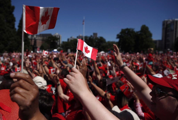 People, living flag, Legislature, celebrate, Canada's 150th birthday, Victoria,