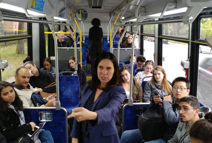 Valérie Plante campaigned on a Montreal city bus in October, 2017. Photo from Facebook