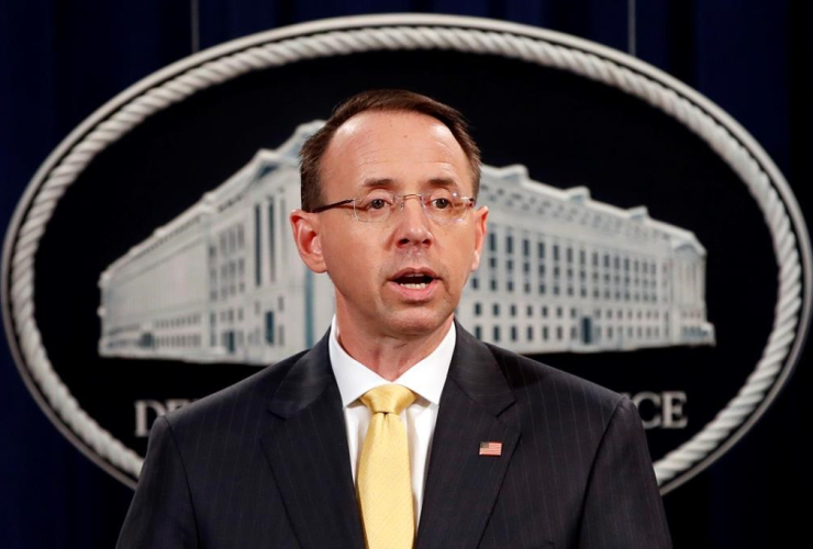 Deputy Attorney General Rod Rosenstein, speaks to the media with an announcement that the office of special counsel Robert Mueller says a grand jury has charged 13 Russian nationals and several Russian entities, Friday, Feb. 16, 2018, in Washington. AP