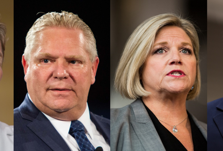 Liberal leader Kathleen Wynne, Progressive Conservative leader Doug Ford, NDP leader Andrea Horwath, Green leader Mike Schreiner