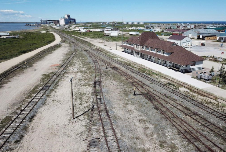 aerial view, rail line, Via Rail station, Churchill, Manitoba, 