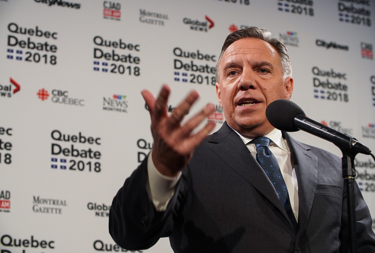 The CAQ's François Legault speaks to reporters after the English-language debate in Montreal on 17 September 2018