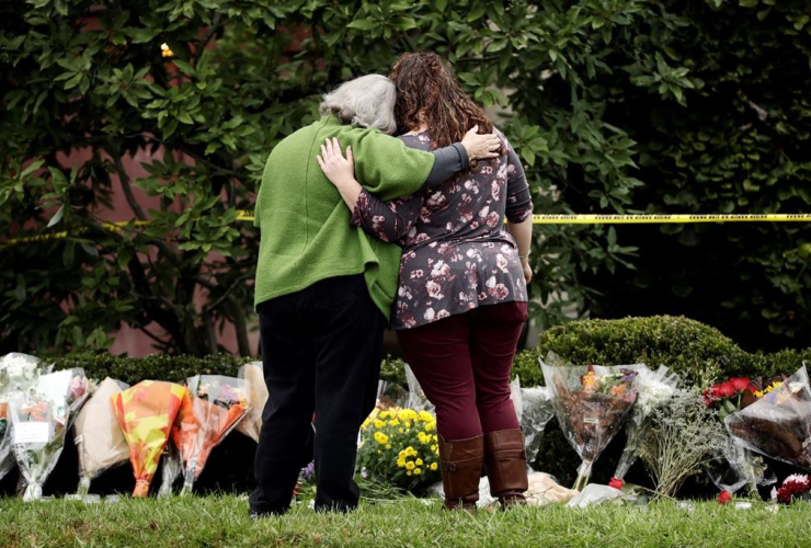  people, flowers, makeshift memorial, Tree of Life Synagogue, Pittsburgh,