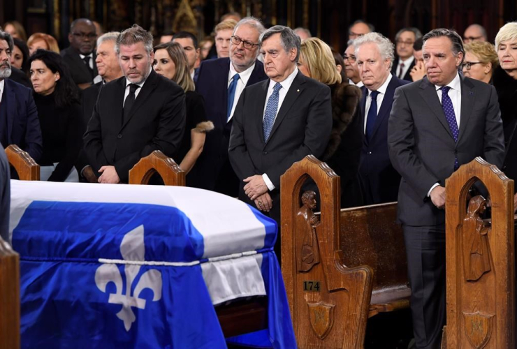 Lucien Bouchard, Jean Charest, Francois Legault, funeral, Bernard Landry, Notre-Dame Basilica, Montreal,