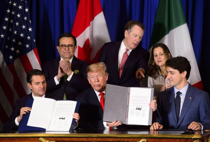 Justin Trudeau, Chrystia Freeland, Robert Lighthizer, Donald Trump, Ildefonso Guajardo Villarreal, Enrique Pena Nieto,