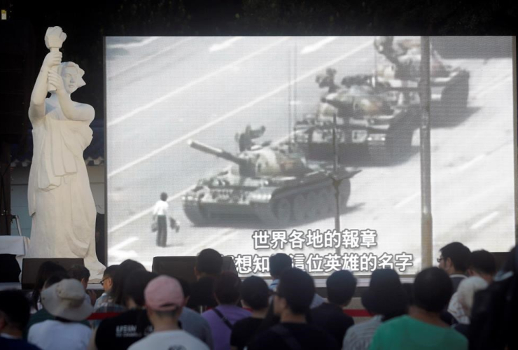 People, watch, giant screen, Tiananmen Anniversary at Democracy Square, Taipei, Taiwan, 