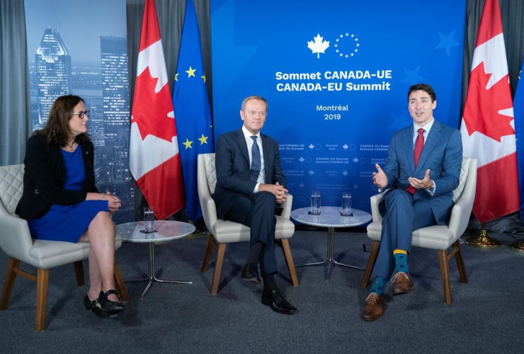 European Commissioner for Trade, Cecilia Malmstrom, President of the European Council, Donald Tusk, Prime Minister Justin Trudeau, 