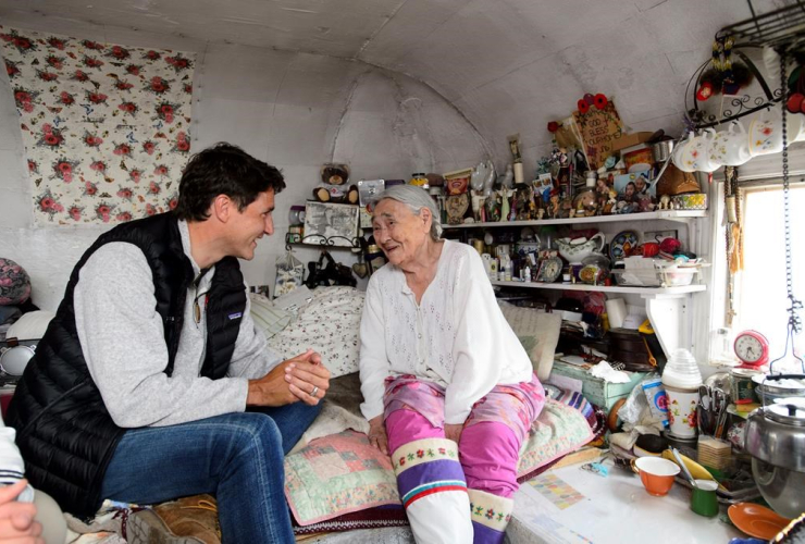 Prime Minister Justin Trudeau, Inuit elder, Qaapik Attagutsiak, Arctic Bay, 