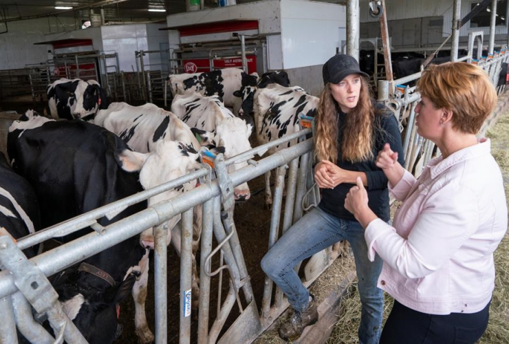 Marie-Claude Bibeau, Minister of Agriculture and Agri-Food, farm owner Veronica Enright, dairy farm, Compton, 