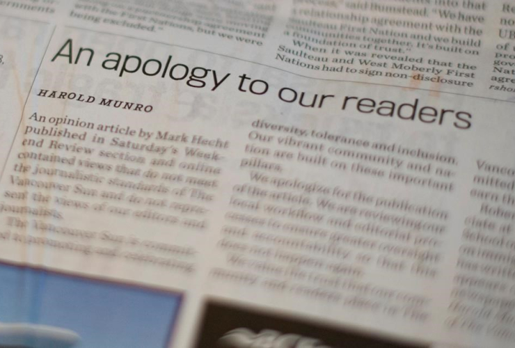 Apology, readers, Vancouver Sun Vancouver, 