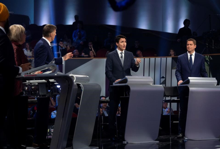 Jagmeet Singh, Elizabeth May, Maxime Bernier, Justin Trudeau, Andrew Scheer, Federal leaders French language debate, Gatineau, 