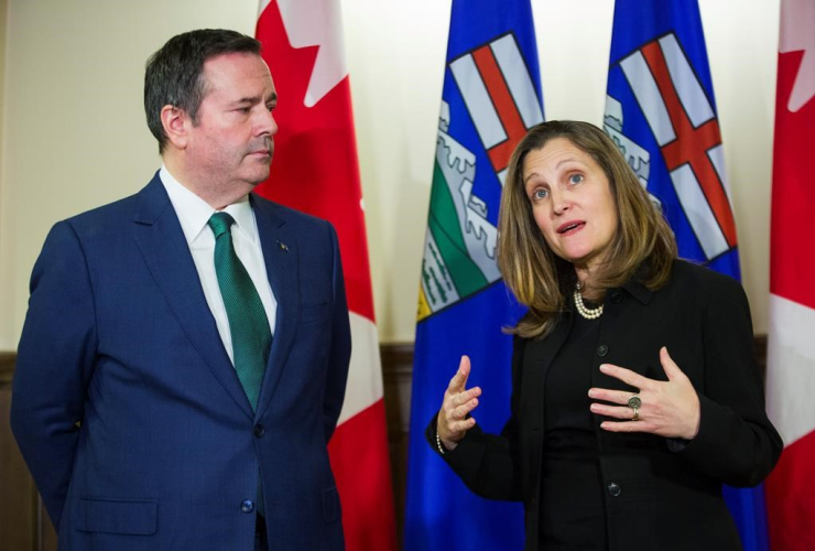 Alberta Premier Jason Kenney, Deputy Prime Minister Chrystia Freeland,