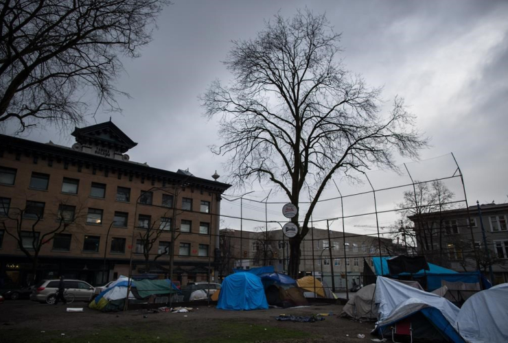 Tents, baseball diamond, homeless camp, Oppenheimer Park, 