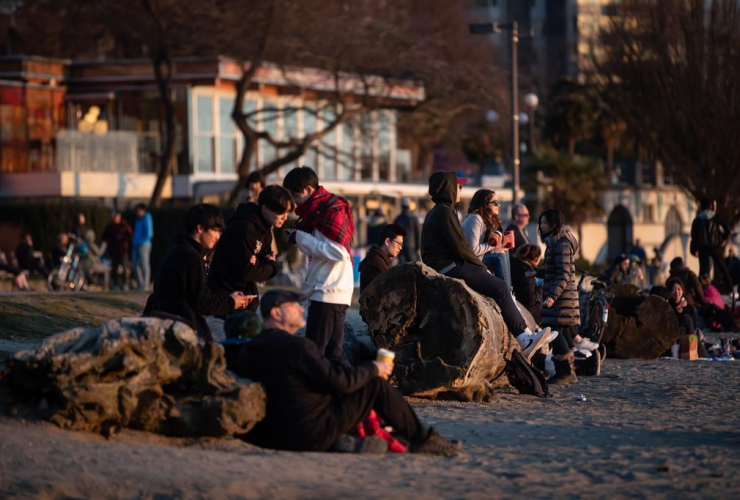 People, sunset, English Bay Beach, Vancouver, 