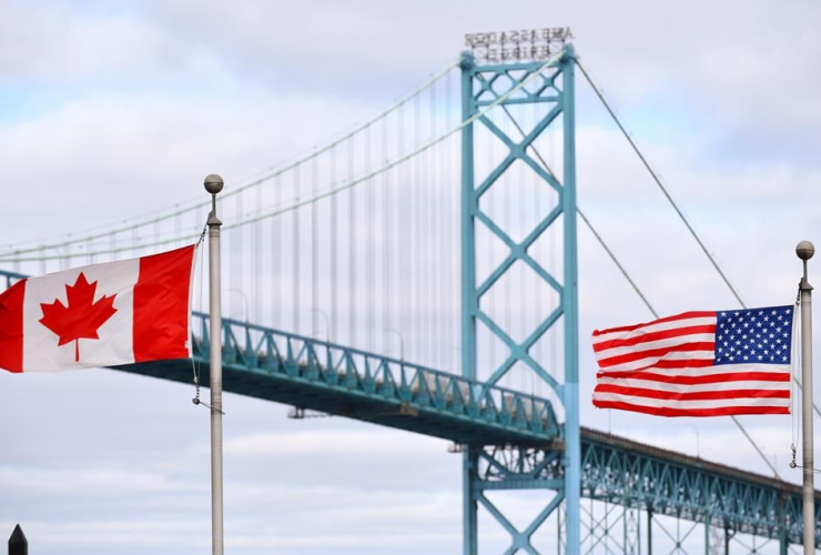 Canadian and American flags, Ambassador Bridge,