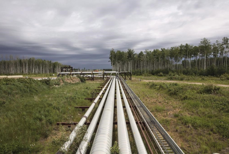 Suncor pipes, MacKay River pad, oil sands, Fort McMurray Alta, 