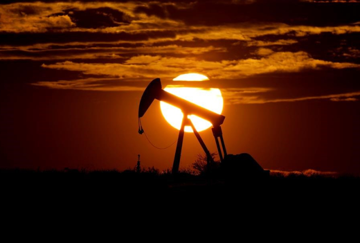 sun sets, pump jack, Karnes City, Texas, 