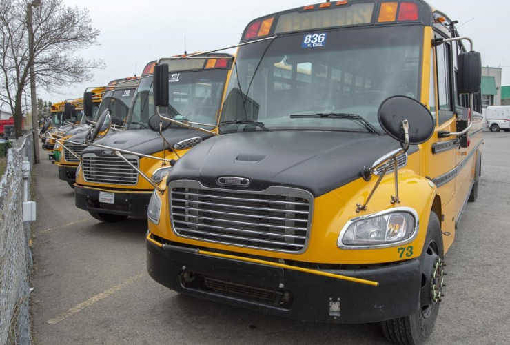 School busses, parked, depot,